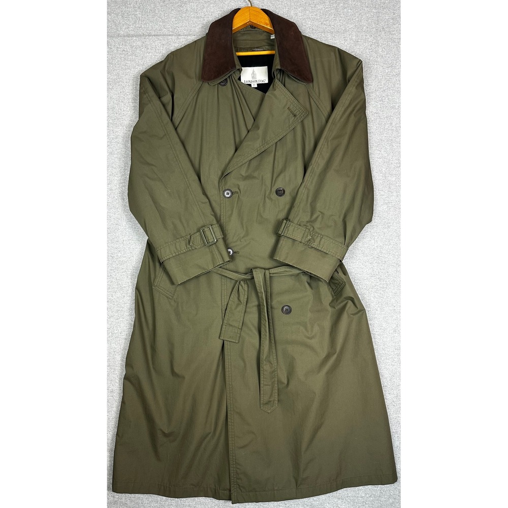 Vintage London Fog Trench Coat 44R Olive Green Leather Collar Belt Zip Out Lined